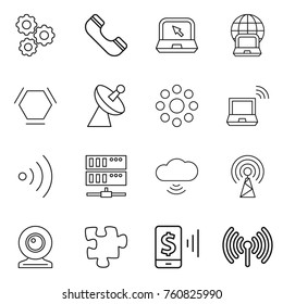 Thin line icon set : gear, phone, notebook, globe, hex molecule, satellite antenna, round around, wireless, server, cloud, web cam, puzzle, mobile pay
