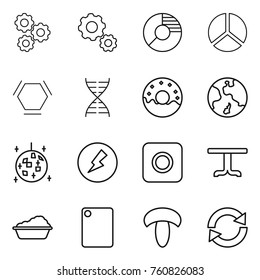 Thin line icon set : gear, circle diagram, hex molecule, dna, donut, earth, disco ball, electricity, ring button, table, washing, cutting board, mushroom, reload