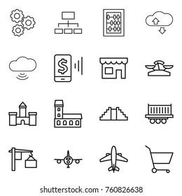 Thin line icon set : gear, hierarchy, abacus, cloude service, cloud wireless, mobile pay, shop, scales, castle, mansion, pyramid, truck shipping, loading, plane, airplane, cart