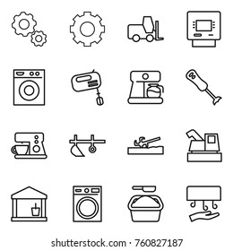 Thin line icon set : gear, fork loader, atm, washing machine, mixer, coffee maker, blender, plow, soil cutter, harvester, utility room, powder, hand dryer