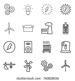 Thin line icon set : gear, bulb, lightning, sun power, windmill, electrostatic, factory, remote control, electricity, speaker, radiator, kettle, plow, gears