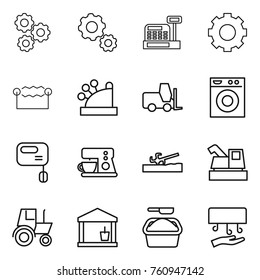Thin line icon set : gear, cashbox, electrostatic, fork loader, washing machine, mixer, coffee maker, soil cutter, harvester, tractor, utility room, powder, hand dryer