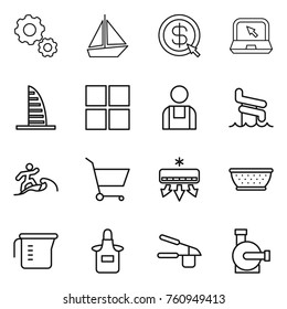Thin line icon set : gear, boat, dollar arrow, notebook, skyscraper, window, workman, aquapark, surfer, cart, air conditioning, colander, measuring cup, apron, garlic clasp, water pump