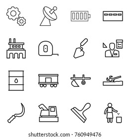 Thin line icon set : gear, satellite antenna, battery, bunker, factory, measuring tape, construction, architector, barrel, railroad shipping, plow, soil cutter, sickle, harvester, scraper