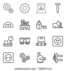 Thin line icon set : gear, nuclear power, nail, hangare, factory, port, fork loader, warehouse scales, railroad shipping, transporter tape, socket, gears, water pump, skyscrapers cleaning