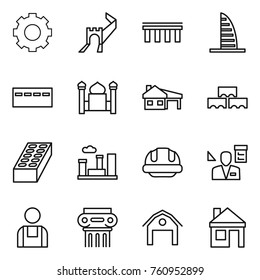 Thin line icon set : gear, greate wall, bridge, skyscraper, bunker, minaret, house with garage, block, brick, city, building helmet, architector, workman, antique column, barn