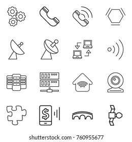 Thin line icon set : gear, phone, call, hex molecule, satellite antenna, notebook connect, wireless, server, home, web cam, puzzle, mobile pay, bridge