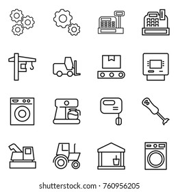 Thin line icon set : gear, cashbox, tower crane, fork loader, transporter tape, atm, washing machine, coffee maker, mixer, blender, harvester, tractor, utility room