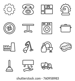 Thin line icon set : gear, phone, consolidated cargo, alarm, cooler fan, table, washing machine, pan, factory, vacuum cleaner, dish cleanser, sponge with foam, plunger, hand dryer