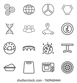 Thin line icon set : gear, globe, diagram, hex molecule, dna, group, car pointer, info, donut, bridge, disco ball, table, washing, cutting board, grill oven, wheel