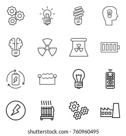 Thin line icon set : gear, bulb, head, brain, nuclear, power, battery, charge, electrostatic, remote control, electricity, radiator, gears, factory