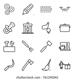 Thin line icon set : gear, marker, battery, drone, nipple, detector, golf, pan, repair tools, big fork, meat hammer, coffee maker, sickle, axe, broom, kitchen cleaning