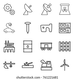 Thin line icon set : gear, satellite antenna, nuclear power, electric car, nail, slum, modular house, factory, barrel, railroad shipping, pallet, plow, soil cutter, harvester, windmill