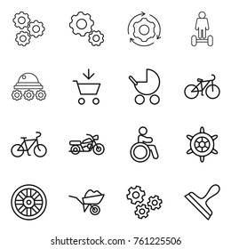 Thin line icon set : gear, around, hoverboard, lunar rover, add to cart, baby stroller, bike, motorcycle, invalid, handwheel, wheel, wheelbarrow, gears, scraper