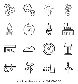 Thin line icon set : gear, bulb, hoverboard, battery charge, spark plug, factory, gas station, jet ski, barometer, floor lamp, plow, windmill