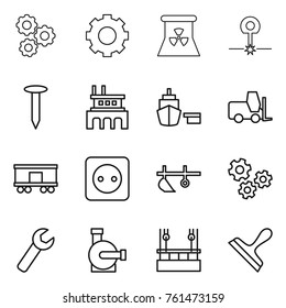 Thin line icon set : gear, nuclear power, laser, nail, factory, port, fork loader, railroad shipping, socket, plow, gears, wrench, water pump, skysrcapers cleaning, scraper