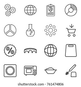 Thin line icon set : gear, globe, report, circle diagram, round flask, around, add to cart, percent, bridge, cutting board, ring button, grill oven, foam basin, toilet brush