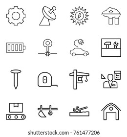 Thin line icon set : gear, satellite antenna, sun power, factory filter, battery, laser, electric car, tools, nail, measuring tape, tower crane, architector, transporter, plow, soil cutter, barn