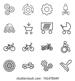 Thin line icon set : gear, around, hoverboard, lunar rover, add to cart, delivery, baby stroller, bike, motorcycle, invalid, wheel, pickup, gears, scraper