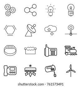 Thin line icon set : gear, share, bulb, hex molecule, satellite antenna, cloude service, laser, smart bracelet, electrostatic, phone, train, intercome, air conditioning, mixer, windmill