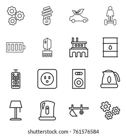 Thin line icon set : gear, bulb, eco car, hoverboard, battery, crystall memory, factory, barrel, remote control, power socket, speaker, kettle, floor lamp, plow, gears