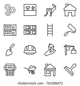 Thin line icon set : gear, tools, greate wall, home, modular house, panel, stairs, repair, construction, building helmet, real estate, loading, antique column, wheelbarrow, scraper