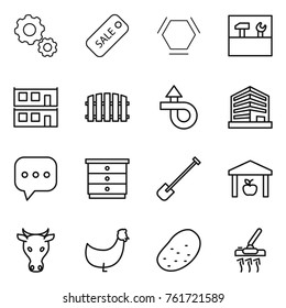 Thin line icon set : gear, sale, hex molecule, tools, modular house, fence, trip, office, sms, chest of drawers, shovel, warehouse, cow, chicken, potato, vacuum cleaner