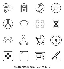 Thin line icon set : gear, report, circle diagram, hex molecule, dna, group, car pointer, baby stroller, watch, ring button, cutting board, grill oven, toilet brush