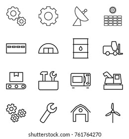 Thin line icon set : gear, satellite antenna, sun power, bunker, hangare, barrel, fork loader, transporter tape, repair tools, microwave oven, harvester, gears, wrench, barn, windmill