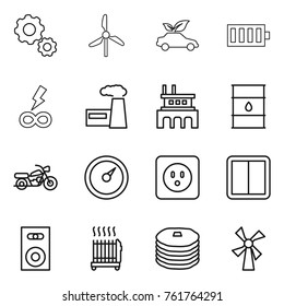 Thin line icon set : gear, windmill, eco car, battery, infinity power, factory, barrel, motorcycle, barometer, socket, switch, speaker, radiator, pancakes