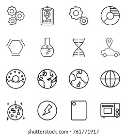 Thin line icon set : gear, report, circle diagram, hex molecule, round flask, dna, car pointer, donut, globe, earth, disco ball, electricity, cutting board, grill oven