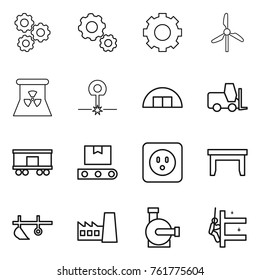 Thin line icon set : gear, windmill, nuclear power, laser, hangare, fork loader, railroad shipping, transporter tape, socket, table, plow, factory, water pump, skyscrapers cleaning