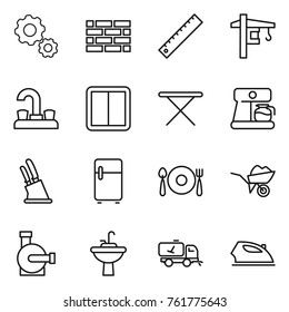 Thin line icon set : gear, brick wall, ruler, tower crane, water tap, power switch, iron board, coffee maker, knife holder, fridge, fork spoon plate, wheelbarrow, pump, sink, home call cleaning