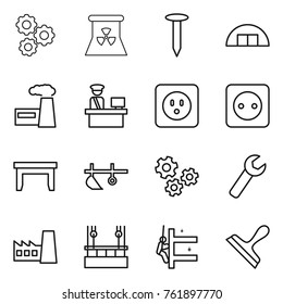 Thin line icon set : gear, nuclear power, nail, hangare, factory, customs control, socket, table, plow, gears, wrench, skysrcapers cleaning, skyscrapers, scraper