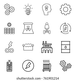 Thin line icon set : gear, bulb, head, sun power, nuclear, hoverboard, battery charge, infinity, electrostatic, factory, barrel, remote control, electricity, radiator, gears