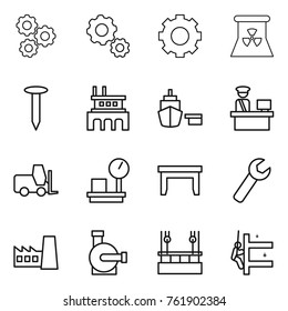 Thin line icon set : gear, nuclear power, nail, factory, port, customs control, fork loader, warehouse scales, table, wrench, water pump, skysrcapers cleaning, skyscrapers
