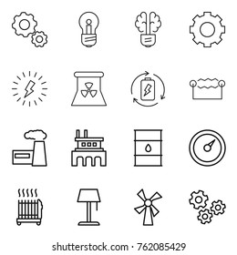 Thin line icon set : gear, bulb, brain, lightning, nuclear power, battery charge, electrostatic, factory, barrel, barometer, radiator, floor lamp, windmill, gears