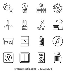 Thin line icon set : gear, bulb, sun power, windmill, crystall memory, infinity, factory, gas station, barrel, remote control, electricity, socket, switch, speaker, radiator
