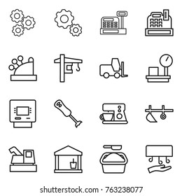 Thin line icon set : gear, cashbox, tower crane, fork loader, warehouse scales, atm, blender, coffee maker, plow, harvester, utility room, washing powder, hand dryer