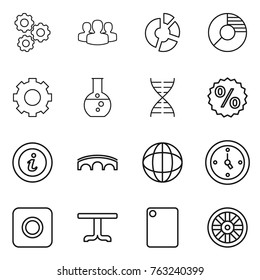 Thin line icon set : gear, group, circle diagram, round flask, dna, percent, info, bridge, globe, watch, ring button, table, cutting board, wheel