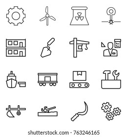 Thin line icon set : gear, windmill, nuclear power, laser, modular house, construction, tower crane, architector, port, railroad shipping, transporter tape, repair tools, plow, soil cutter, sickle