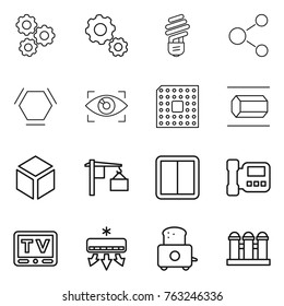 Thin line icon set : gear, bulb, molecule, hex, eye identity, cpu, nano tube, 3d, loading, power switch, intercome, tv, air conditioning, toaster, grain elevator