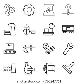 Thin line icon set : gear, nuclear power, laser, factory, port, warehouse scales, railroad shipping, transporter tape, plow, gears, wrench, water pump, skyscrapers cleaning, scraper