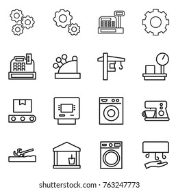 Thin line icon set : gear, cashbox, tower crane, warehouse scales, transporter tape, atm, washing machine, coffee maker, soil cutter, utility room, hand dryer