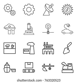 Thin line icon set : gear, satellite antenna, sun power, factory filter, microscope, laser, electric car, tools, construction, port, transporter tape, plow, harvester