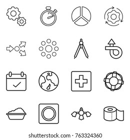 Thin line icon set : gear, stopwatch, diagram, around, core splitting, round, drawing compasses, trip, terms, earth, first aid, lifebuoy, washing, ring button