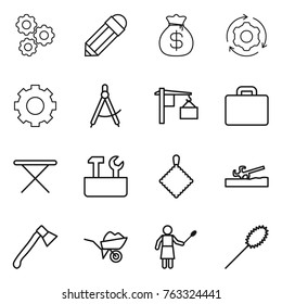 Thin line icon set : gear, pencil, money bag, around, draw compass, loading, suitcase, iron board, repair tools, rag, soil cutter, axe, wheelbarrow, woman with duster