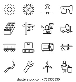 Thin line icon set : gear, sun power, laser, slum, brick, tower crane, architector, fork loader, railroad shipping, transporter tape, microwave oven, plow, sickle, wrench, windmill, garbage bin