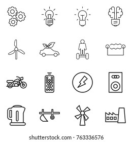 Thin line icon set : gear, bulb, brain, windmill, eco car, hoverboard, electrostatic, motorcycle, remote control, electricity, speaker, kettle, plow, factory