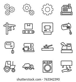 Thin line icon set : gear, cashbox, tower crane, transporter tape, atm, mixer, coffee maker, soil cutter, harvester, tractor, trash truck, washing machine, hand dryer
